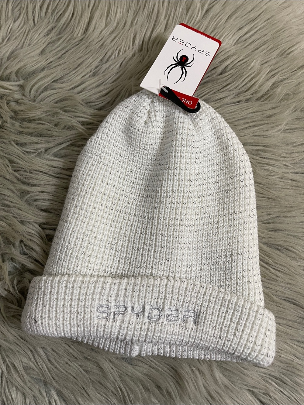 Spyder White Knit Cuffed Beanie with Embroidered Logo